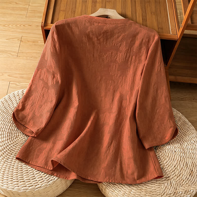 Buddha Stones Letnie koszule damskie w stylu boho tang z haftem i ściągaczem, z krótkim rękawem - Image 16