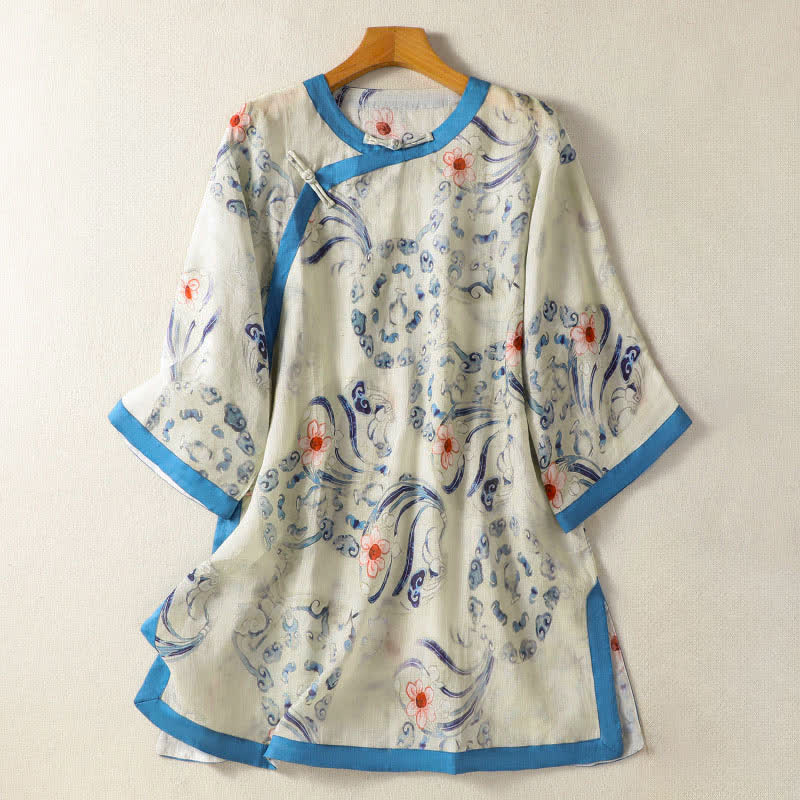 Buddha Stones Letnie koszule damskie z długim rękawem w stylu vintage z żabą i abstrakcyjnym guzikiem