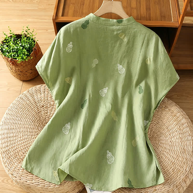 Buddha Stones Letnie koszule damskie z krótkim rękawem w stylu Tang z kołnierzykiem mandaryńskim i guzikami żabki - Image 2