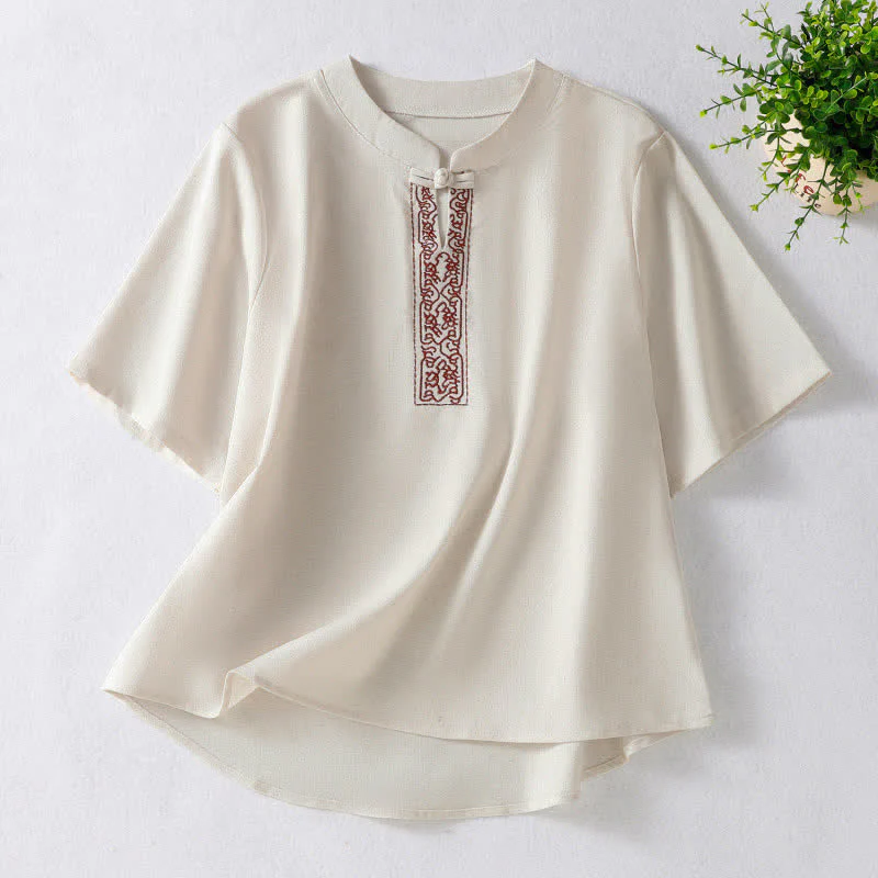 Buddha Stones Letnie koszule damskie z krótkim rękawem w stylu Tang z żabą i haftem Vines