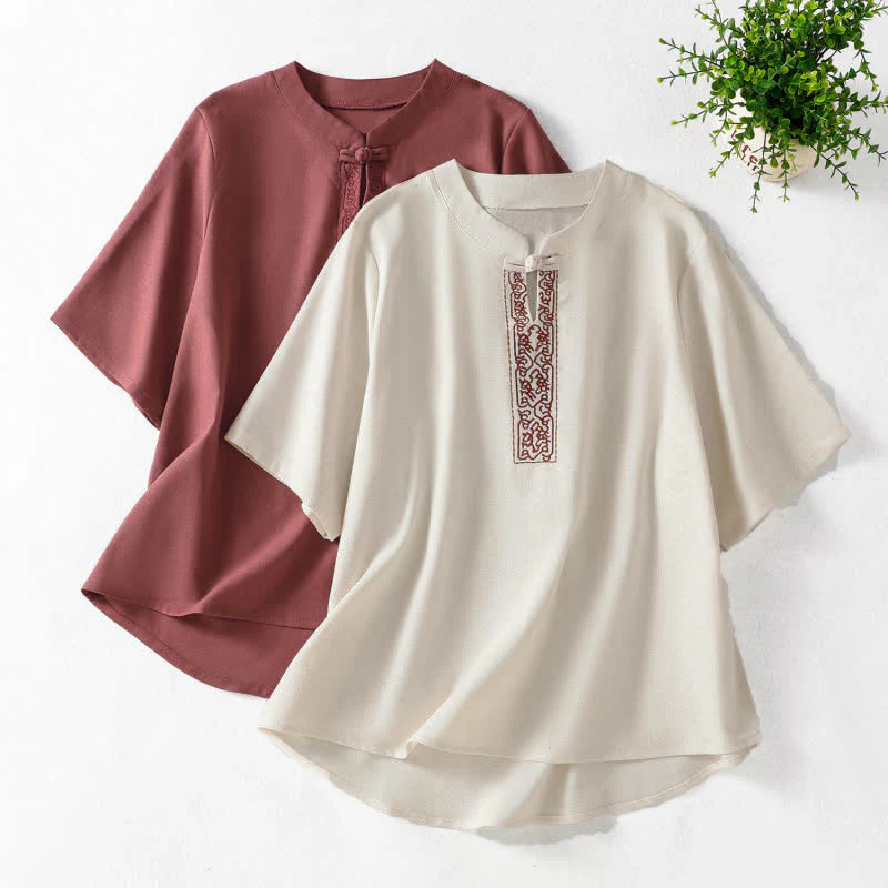 Buddha Stones Letnie koszule damskie z krótkim rękawem w stylu Tang z żabą i haftem Vines - Image 17