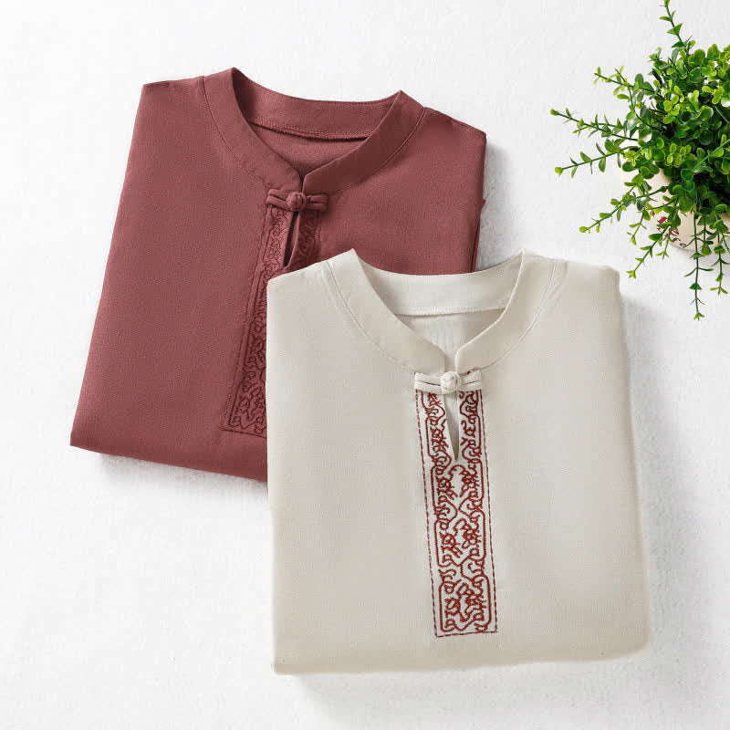 Buddha Stones Letnie koszule damskie z krótkim rękawem w stylu Tang z żabą i haftem Vines - Image 18