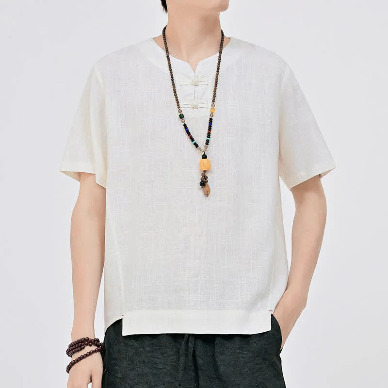 Buddha Stones Letnie koszule męskie w stylu Tang, minimalistyczne, z dwoma guzikami w kształcie żaby, z okrągłym dekoltem i krótkim rękawem