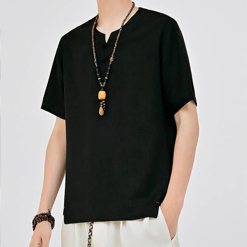 Buddha Stones Letnie koszule męskie w stylu Tang, minimalistyczne, z dwoma guzikami w kształcie żaby, z okrągłym dekoltem i krótkim rękawem - Image 10