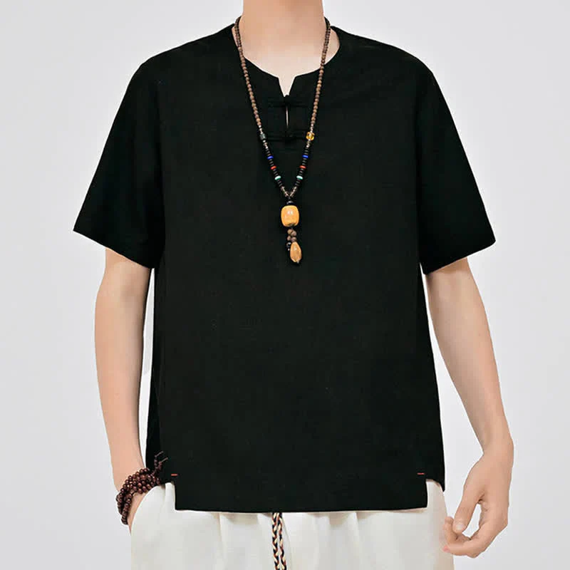 Buddha Stones Letnie koszule męskie w stylu Tang, minimalistyczne, z dwoma guzikami w kształcie żaby, z okrągłym dekoltem i krótkim rękawem - Image 12