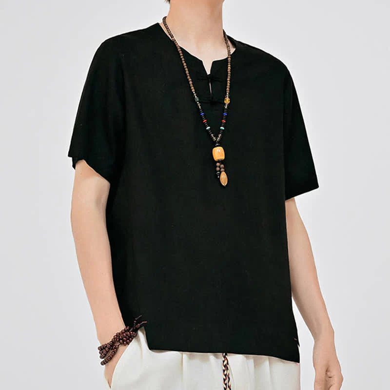 Buddha Stones Letnie koszule męskie w stylu Tang, minimalistyczne, z dwoma guzikami w kształcie żaby, z okrągłym dekoltem i krótkim rękawem - Image 13