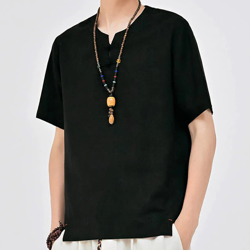 Buddha Stones Letnie koszule męskie w stylu Tang, minimalistyczne, z dwoma guzikami w kształcie żaby, z okrągłym dekoltem i krótkim rękawem - Image 14