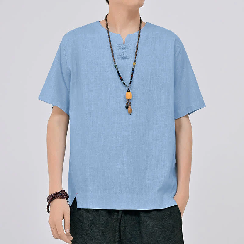 Buddha Stones Letnie koszule męskie w stylu Tang, minimalistyczne, z dwoma guzikami w kształcie żaby, z okrągłym dekoltem i krótkim rękawem - Image 15
