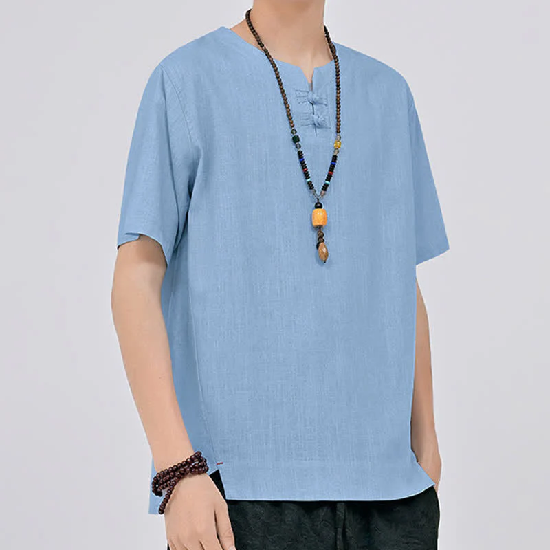 Buddha Stones Letnie koszule męskie w stylu Tang, minimalistyczne, z dwoma guzikami w kształcie żaby, z okrągłym dekoltem i krótkim rękawem - Image 16