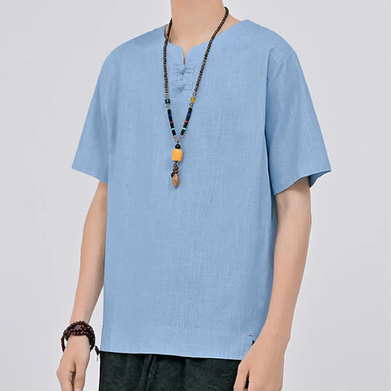 Buddha Stones Letnie koszule męskie w stylu Tang, minimalistyczne, z dwoma guzikami w kształcie żaby, z okrągłym dekoltem i krótkim rękawem - Image 17