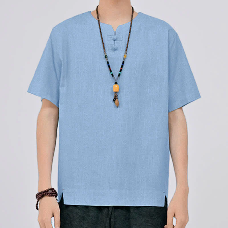 Buddha Stones Letnie koszule męskie w stylu Tang, minimalistyczne, z dwoma guzikami w kształcie żaby, z okrągłym dekoltem i krótkim rękawem - Image 18
