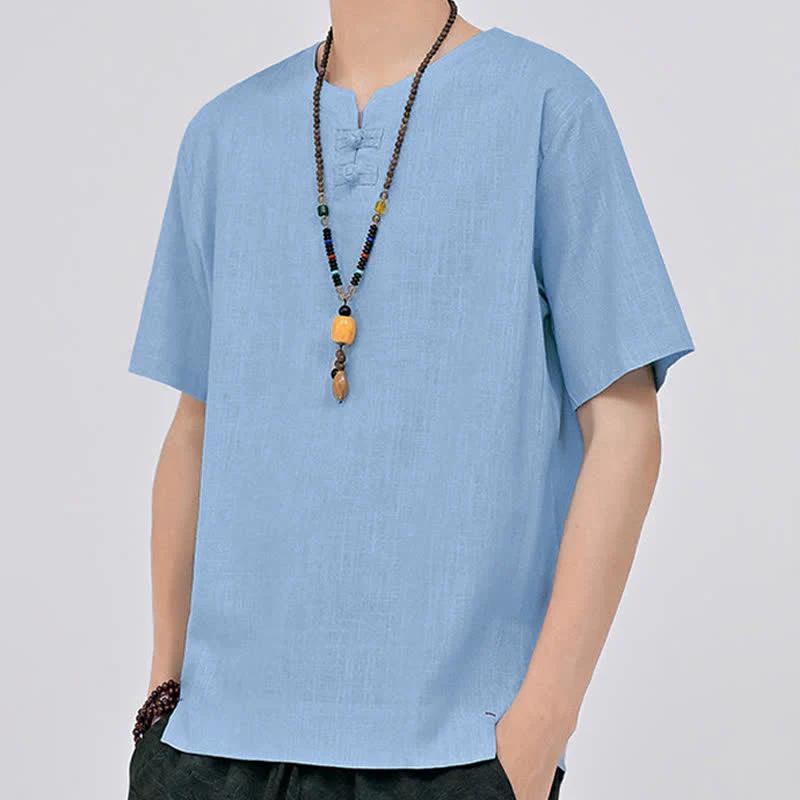 Buddha Stones Letnie koszule męskie w stylu Tang, minimalistyczne, z dwoma guzikami w kształcie żaby, z okrągłym dekoltem i krótkim rękawem - Image 19