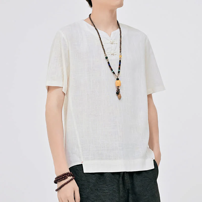 Buddha Stones Letnie koszule męskie w stylu Tang, minimalistyczne, z dwoma guzikami w kształcie żaby, z okrągłym dekoltem i krótkim rękawem - Image 2