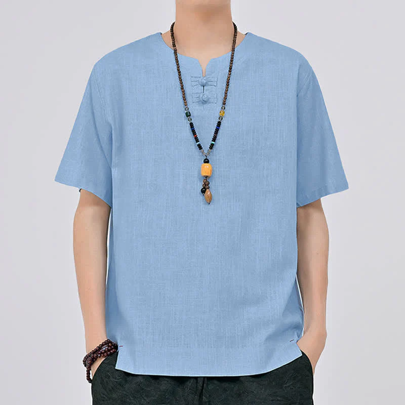 Buddha Stones Letnie koszule męskie w stylu Tang, minimalistyczne, z dwoma guzikami w kształcie żaby, z okrągłym dekoltem i krótkim rękawem - Image 20