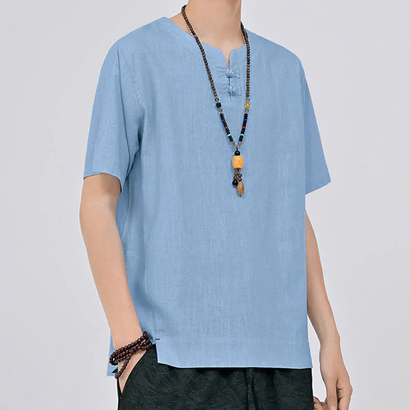 Buddha Stones Letnie koszule męskie w stylu Tang, minimalistyczne, z dwoma guzikami w kształcie żaby, z okrągłym dekoltem i krótkim rękawem - Image 21