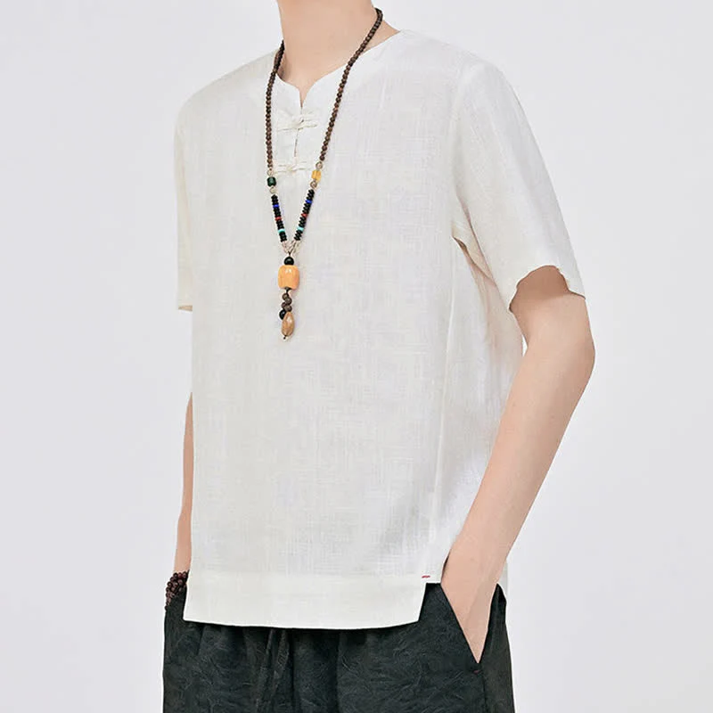 Buddha Stones Letnie koszule męskie w stylu Tang, minimalistyczne, z dwoma guzikami w kształcie żaby, z okrągłym dekoltem i krótkim rękawem - Image 3