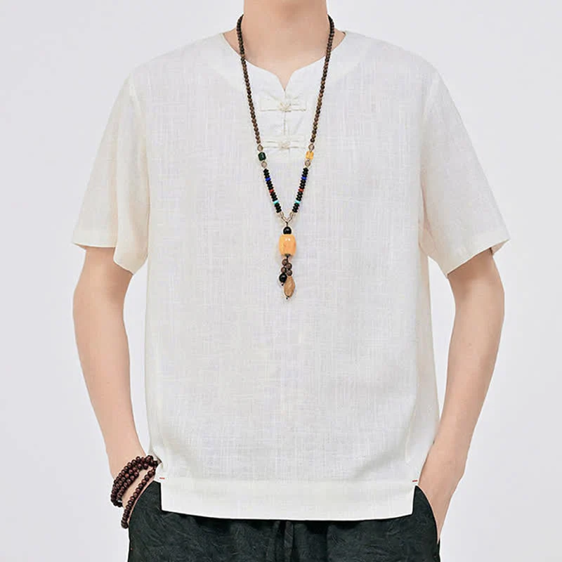 Buddha Stones Letnie koszule męskie w stylu Tang, minimalistyczne, z dwoma guzikami w kształcie żaby, z okrągłym dekoltem i krótkim rękawem - Image 4