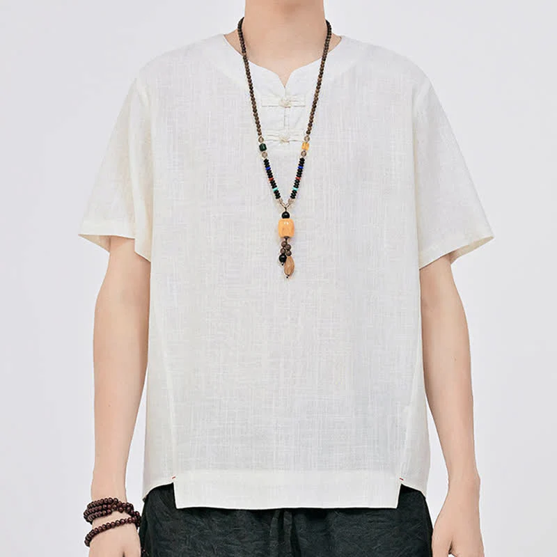 Buddha Stones Letnie koszule męskie w stylu Tang, minimalistyczne, z dwoma guzikami w kształcie żaby, z okrągłym dekoltem i krótkim rękawem - Image 5