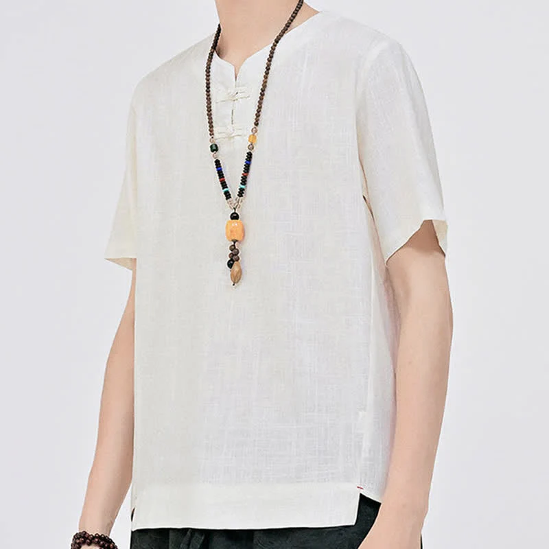 Buddha Stones Letnie koszule męskie w stylu Tang, minimalistyczne, z dwoma guzikami w kształcie żaby, z okrągłym dekoltem i krótkim rękawem - Image 6
