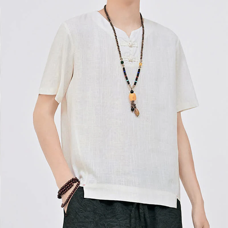Buddha Stones Letnie koszule męskie w stylu Tang, minimalistyczne, z dwoma guzikami w kształcie żaby, z okrągłym dekoltem i krótkim rękawem - Image 7