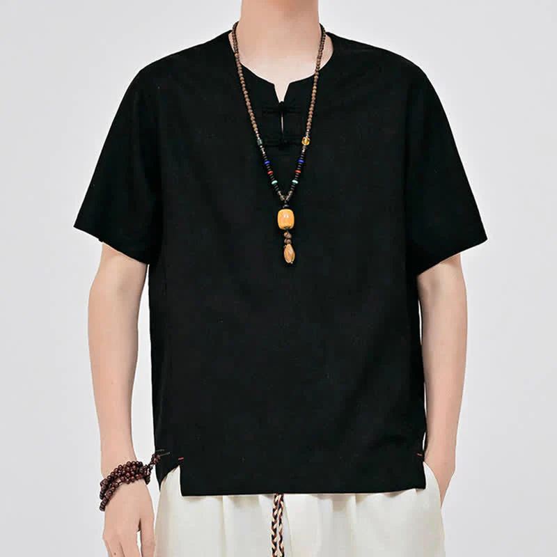 Buddha Stones Letnie koszule męskie w stylu Tang, minimalistyczne, z dwoma guzikami w kształcie żaby, z okrągłym dekoltem i krótkim rękawem - Image 8