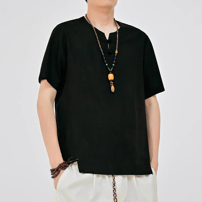 Buddha Stones Letnie koszule męskie w stylu Tang, minimalistyczne, z dwoma guzikami w kształcie żaby, z okrągłym dekoltem i krótkim rękawem - Image 9