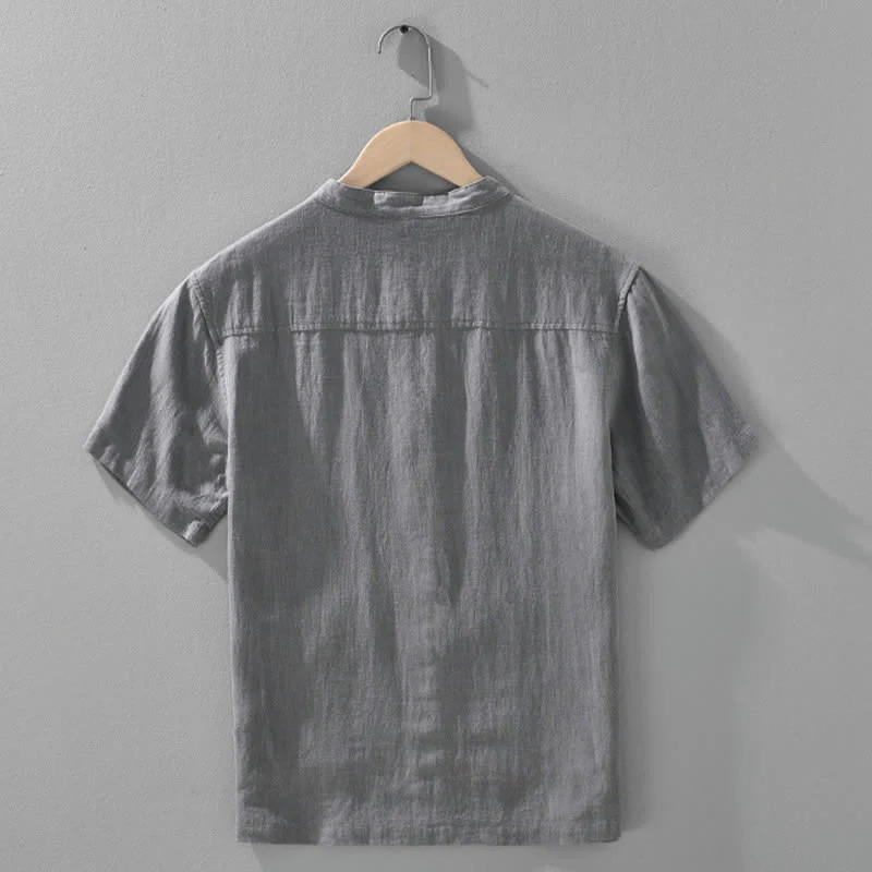 Buddha Stones Letnie koszule męskie w stylu vintage z kołnierzykiem stójkowym i kieszeniami, zapinane na guziki - Image 2
