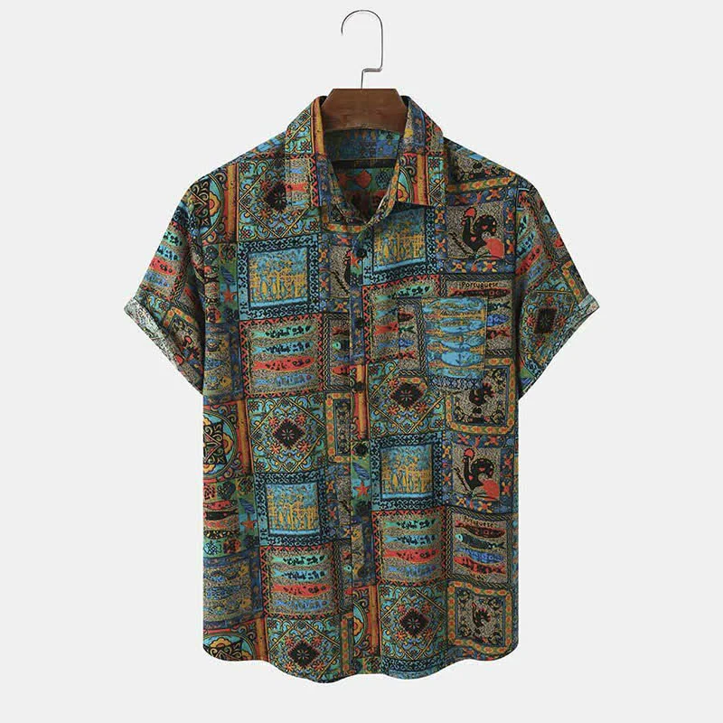 Buddha Stones Letnie koszule męskie z krótkim rękawem w stylu boho vintage, zapinane na guziki i w geometryczne wzory