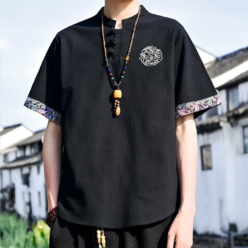 Buddha Stones Letnie koszule męskie z krótkim rękawem w stylu Tang, z haftem żabki i guzikami - Image 10
