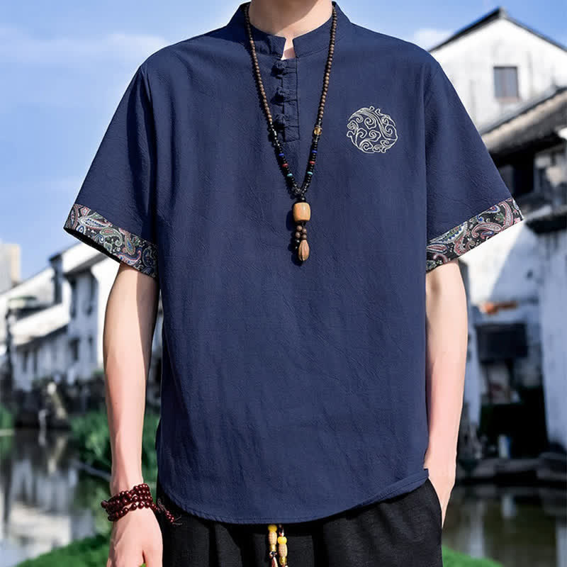 Buddha Stones Letnie koszule męskie z krótkim rękawem w stylu Tang, z haftem żabki i guzikami - Image 14