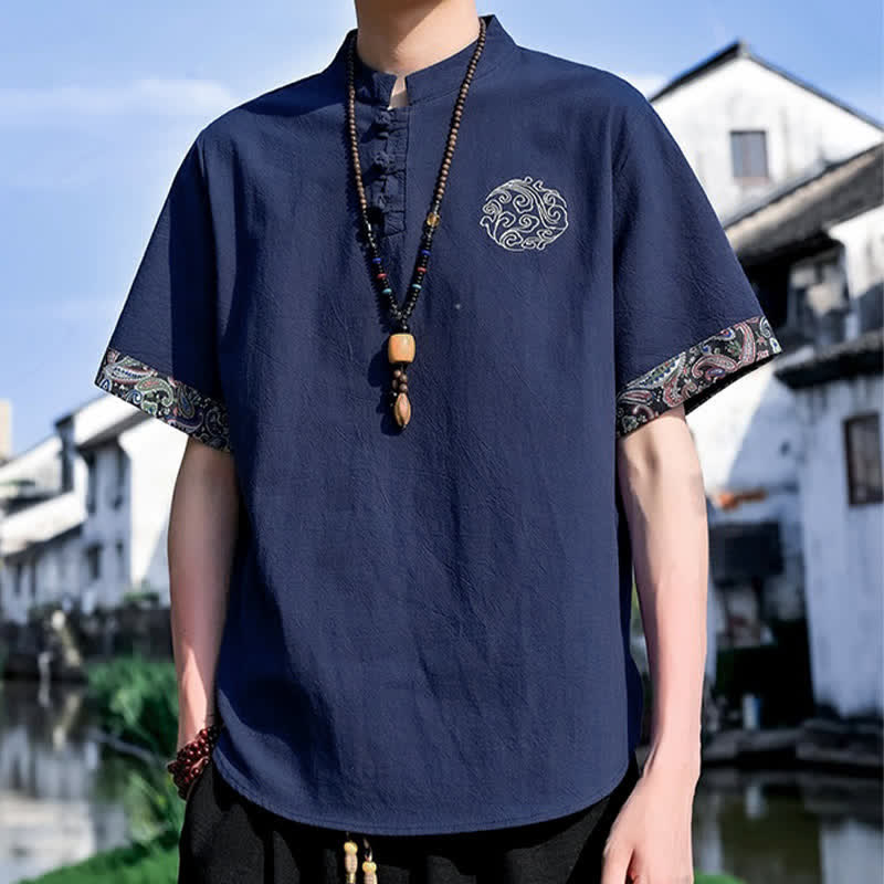 Buddha Stones Letnie koszule męskie z krótkim rękawem w stylu Tang, z haftem żabki i guzikami - Image 16