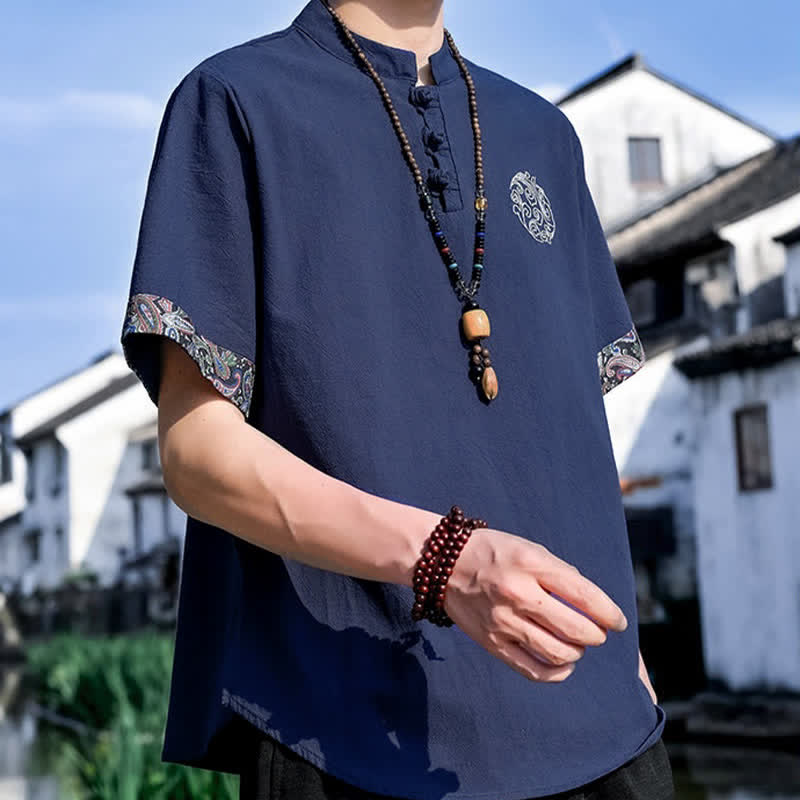 Buddha Stones Letnie koszule męskie z krótkim rękawem w stylu Tang, z haftem żabki i guzikami - Image 19
