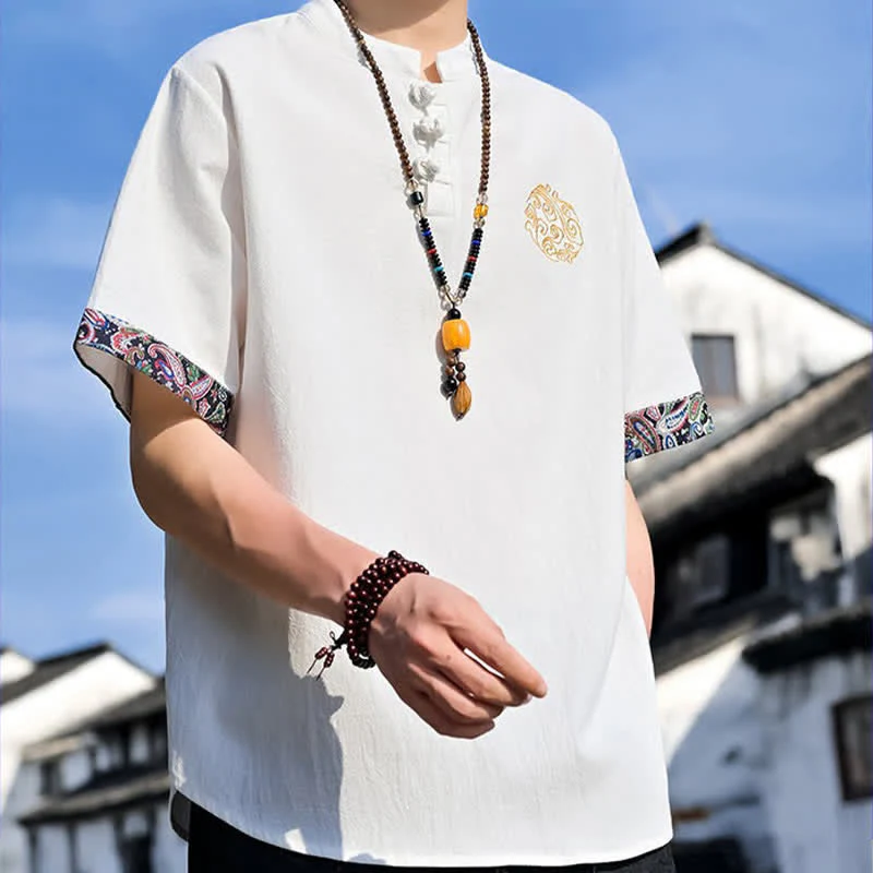Buddha Stones Letnie koszule męskie z krótkim rękawem w stylu Tang, z haftem żabki i guzikami - Image 32