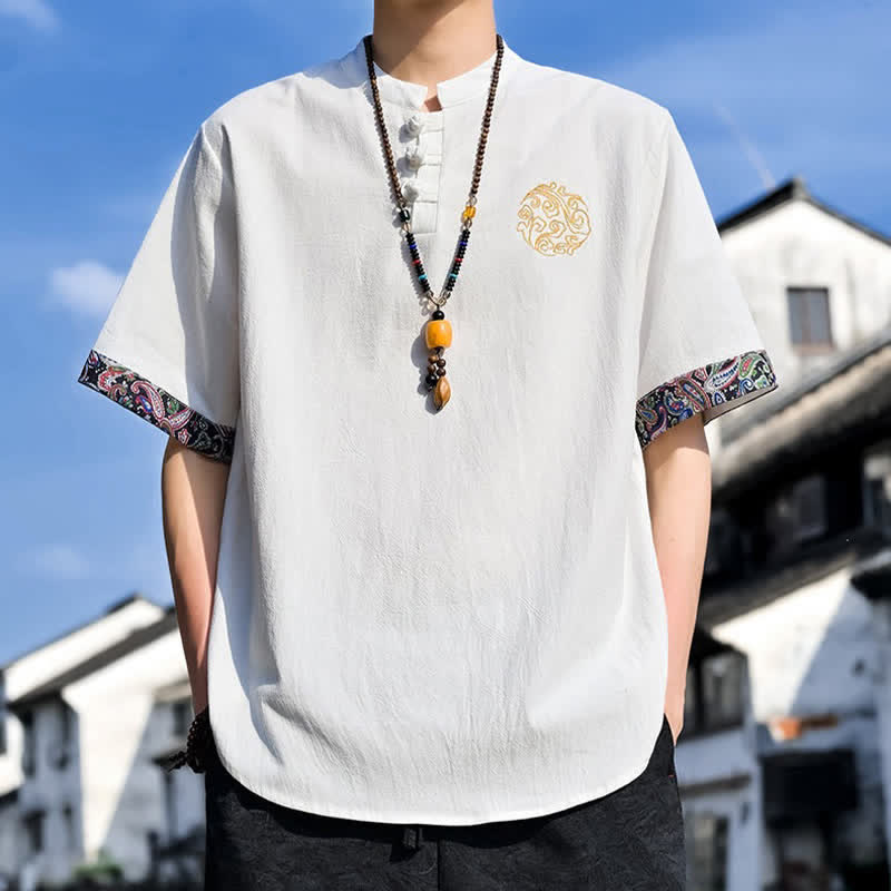 Buddha Stones Letnie koszule męskie z krótkim rękawem w stylu Tang, z haftem żabki i guzikami - Image 34