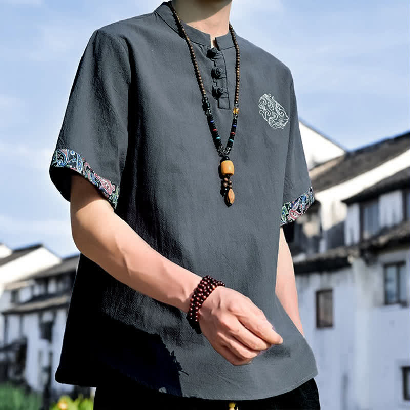 Buddha Stones Letnie koszule męskie z krótkim rękawem w stylu Tang, z haftem żabki i guzikami - Image 7