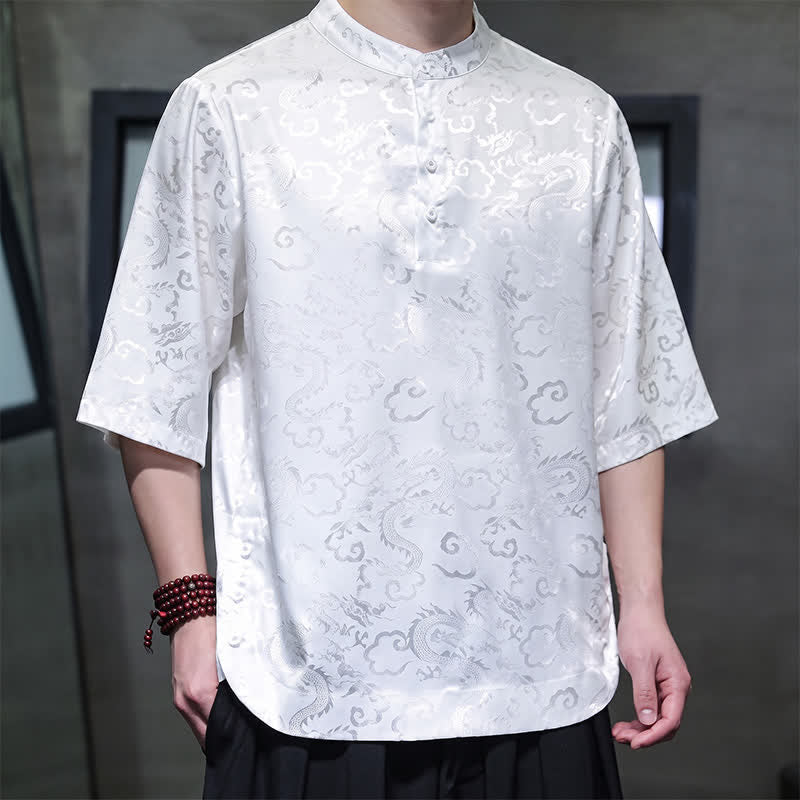 Buddha Stones Letnie koszule męskie z krótkim rękawem w stylu vintage Tang z kołnierzykiem stójkowym i wzorem w chmury smoka - Image 13
