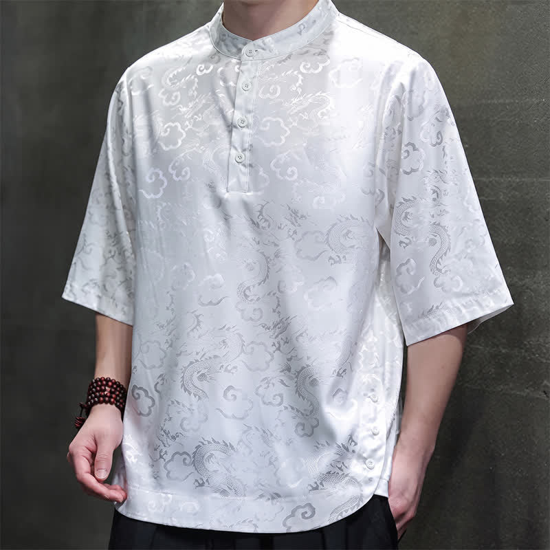 Buddha Stones Letnie koszule męskie z krótkim rękawem w stylu vintage Tang z kołnierzykiem stójkowym i wzorem w chmury smoka - Image 15