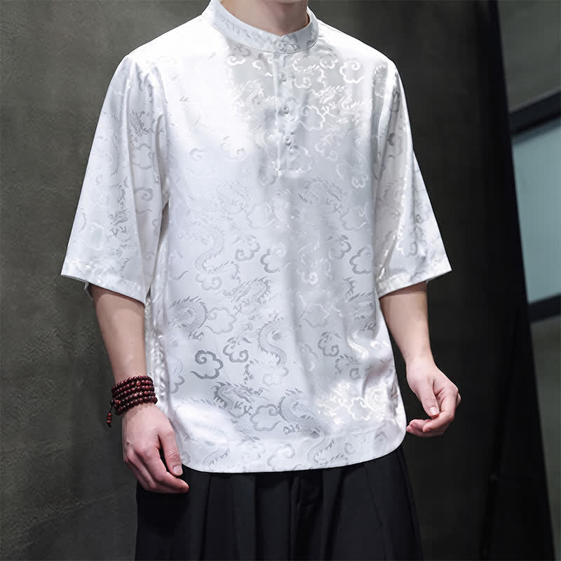 Buddha Stones Letnie koszule męskie z krótkim rękawem w stylu vintage Tang z kołnierzykiem stójkowym i wzorem w chmury smoka - Image 16