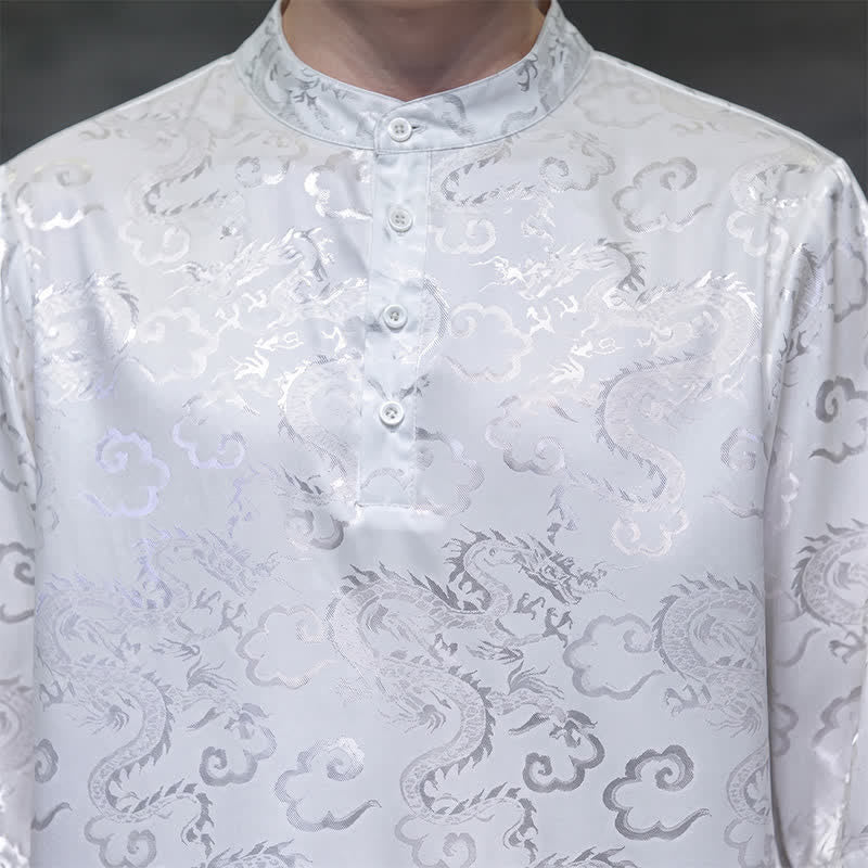 Buddha Stones Letnie koszule męskie z krótkim rękawem w stylu vintage Tang z kołnierzykiem stójkowym i wzorem w chmury smoka - Image 19