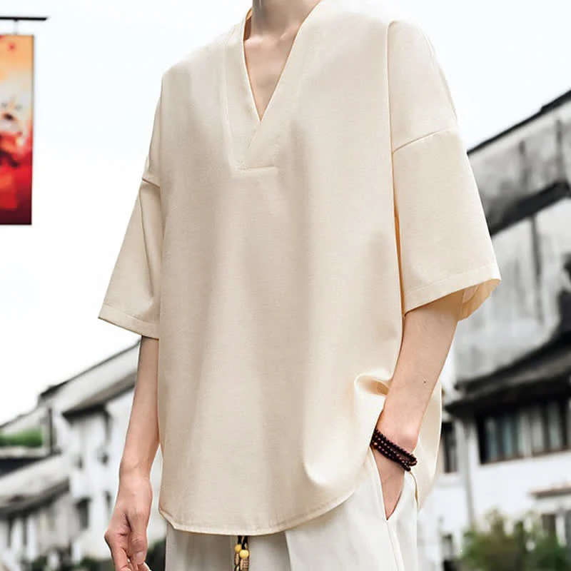Buddha Stones Letnie, minimalistyczne, casualowe, męskie koszulki z krótkim rękawem i rozcięciami po bokach