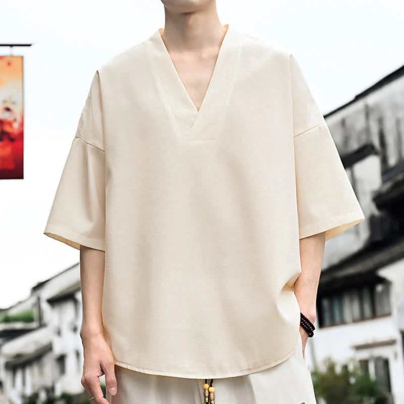 Buddha Stones Letnie, minimalistyczne, casualowe, męskie koszulki z krótkim rękawem i rozcięciami po bokach - Image 2
