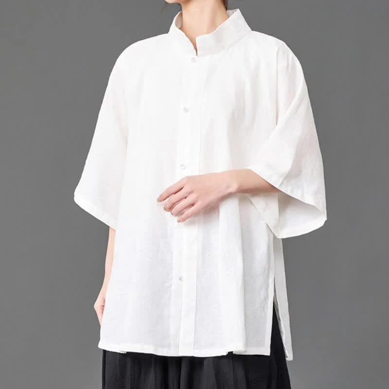Buddha Stones Letnie, minimalistyczne koszule męskie z kołnierzykiem typu stójka, zapinane na guziki i z rękawami trzy czwarte - Image 17