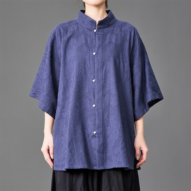 Buddha Stones Letnie, minimalistyczne koszule męskie z kołnierzykiem typu stójka, zapinane na guziki i z rękawami trzy czwarte - Image 3