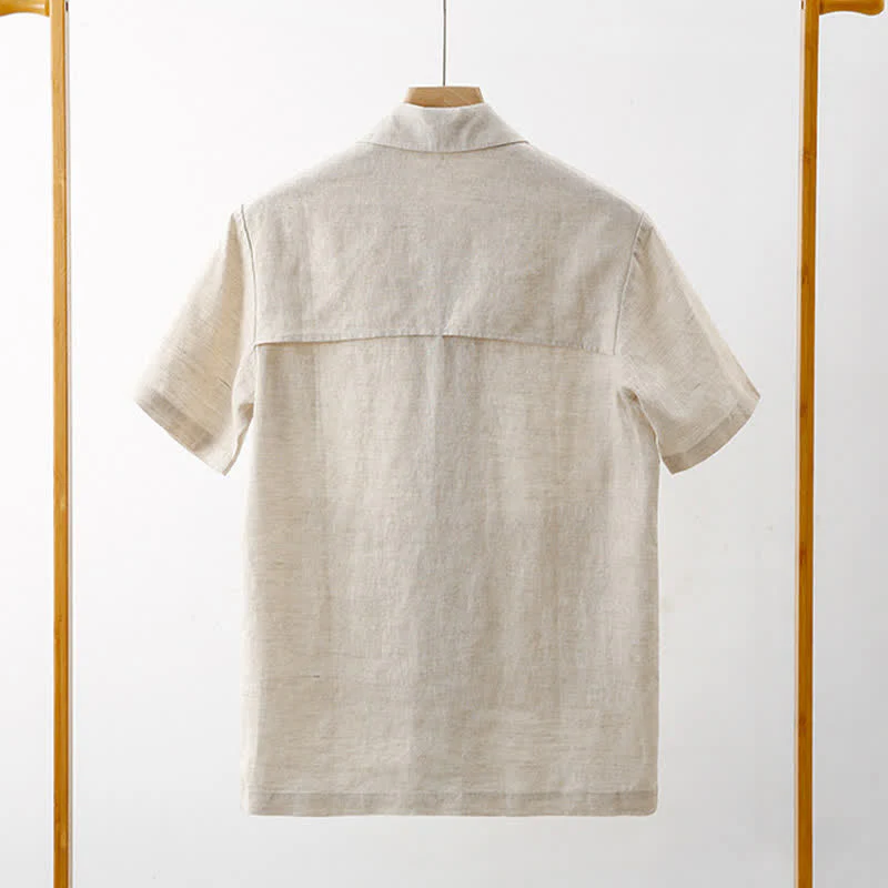 Buddha Stones Letnie, minimalistyczne koszule męskie z krótkim rękawem i kieszenią, z bawełny i lnu, zapinane na guziki - Image 5