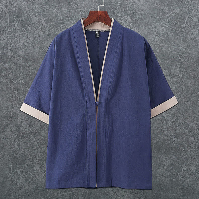 Buddha Stones Letnie, minimalistyczne, męskie kimono z krótkim rękawem i dekoltem w serek, zapinane na guziki i żabki