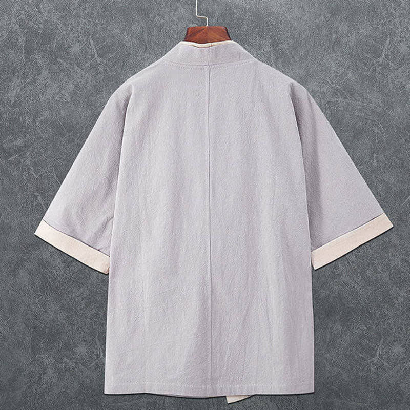 Buddha Stones Letnie, minimalistyczne, męskie kimono z krótkim rękawem i dekoltem w serek, zapinane na guziki i żabki - Image 6
