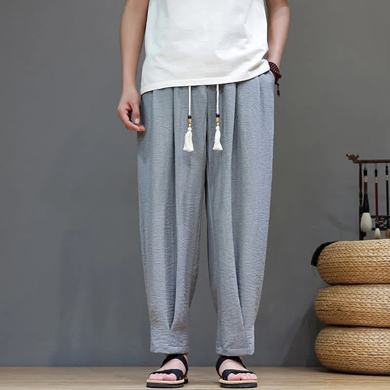 Buddha Stones Letnie, minimalistyczne, męskie, zwężane spodnie z elastyczną talią i kieszeniami - Image 12