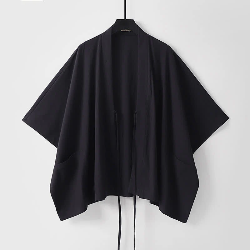 Buddha Stones Letnie, minimalistyczne, sznurowane, męskie kimono z krótkim rękawem i kieszeniami - Image 4
