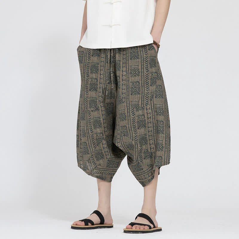 Buddha Stones Letnie spodnie capri w stylu boho casual z elastyczną talią i geometrycznym kwiatowym wzorem, męskie spodnie haremowe