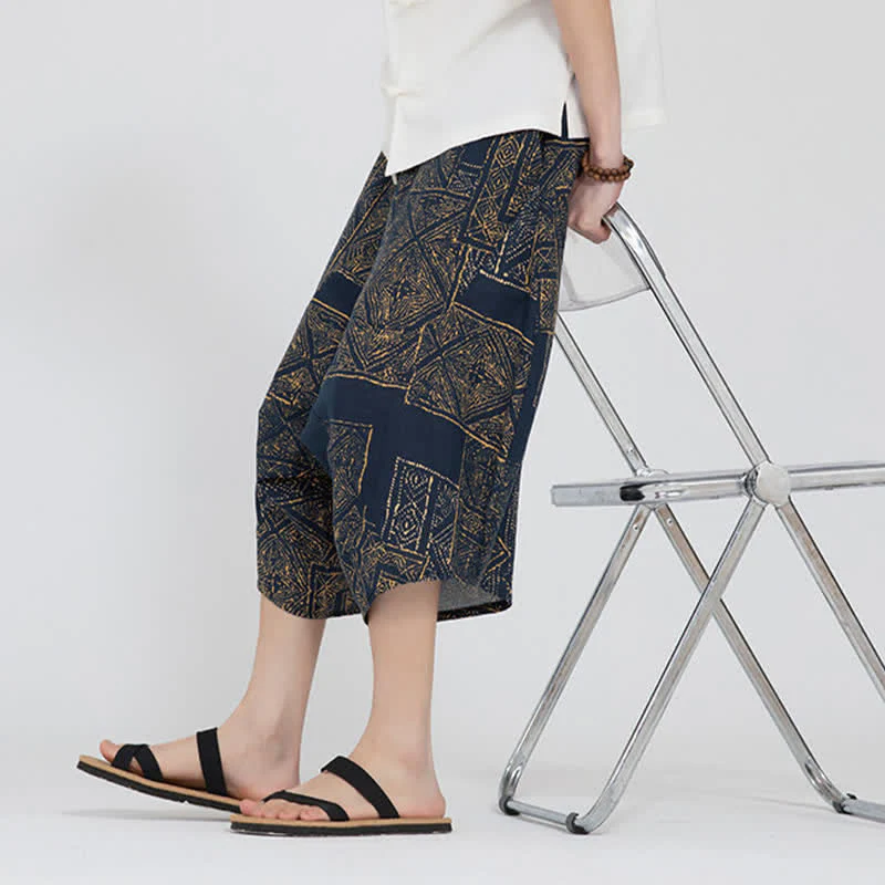Buddha Stones Letnie spodnie capri w stylu boho casual z elastyczną talią i geometrycznym kwiatowym wzorem, męskie spodnie haremowe - Image 19